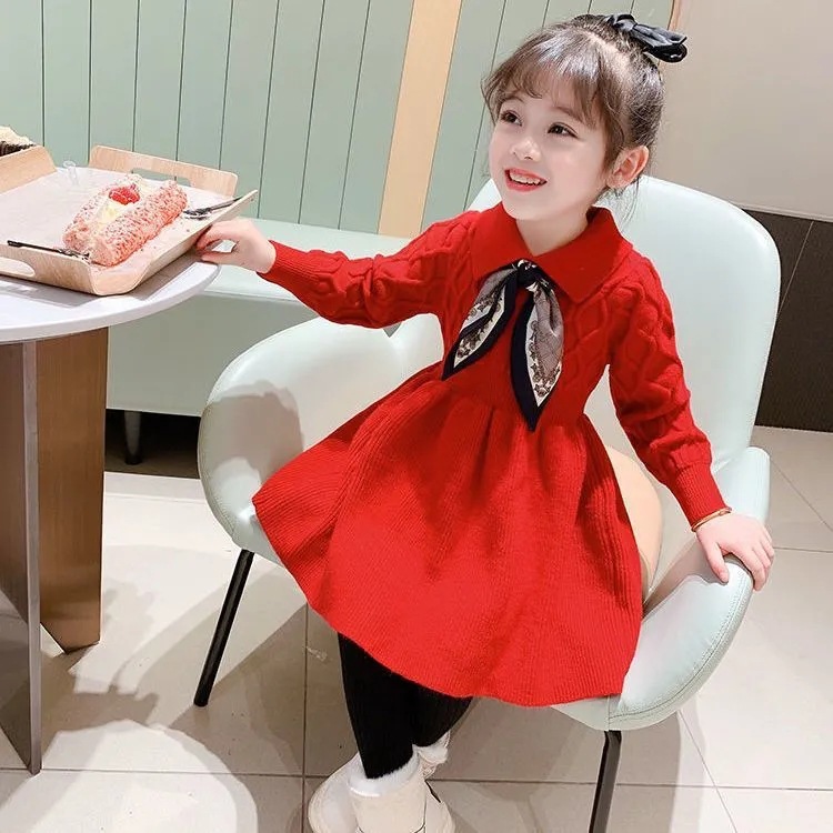 Girls Knitted Dress Autumn and Winter New Korean Style Western Style Children's College Style Sweater Dress Little Girl Princess Dress