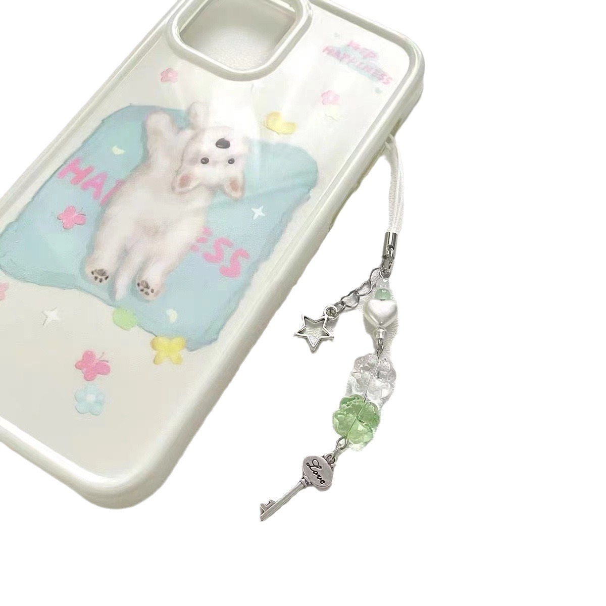 Picture of Fresh and Sweet Four-leaf Clover Mobile Phone Chain Handmade Lucky Four-leaf Clover Beads Goo Ben Chain Mobile Phone Hanging Chain Keychain Card