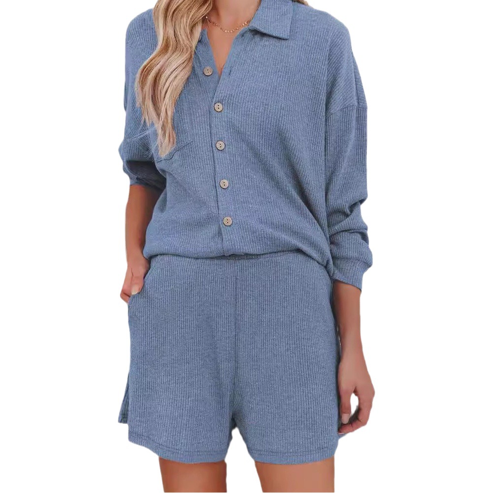 2023 Autumn and Winter Solid Color Ribbed Shirt Collar Long-Sleeve Shorts Pocket Loungewear Set European and American Autumn and Winter Clothing