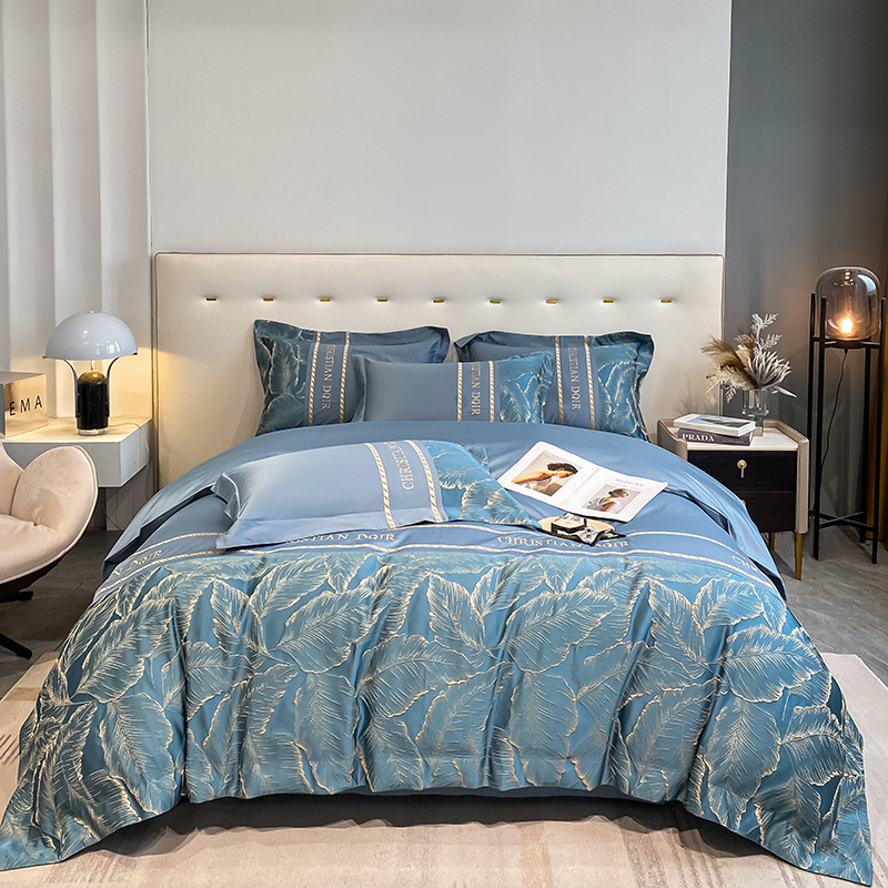 Summer Light Luxury Style Ice Silk Four-Piece Set with Embossed Embroider Washed Silk Quilt Cover Silky Naked Sleeping 1.8m Bedding