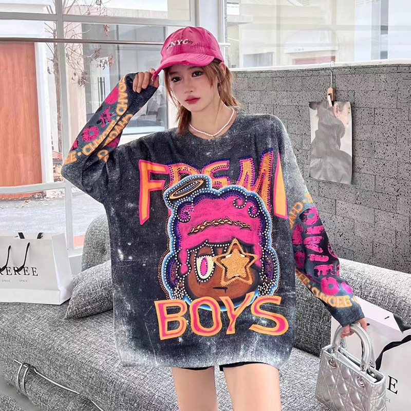 European 2024 Autumn Heavy Industry plus size Women's Cartoon Hot Drilling Casual Sweater Mink Hair Loose Slim Top Women