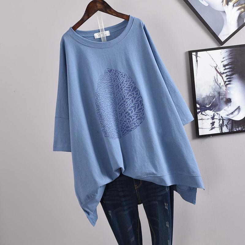 Picture of 100kg Plus Size Women's Summer Leaf Print Casual Slit Mid-Length Short Sleeve T-Shirt Loose Oversized Style
