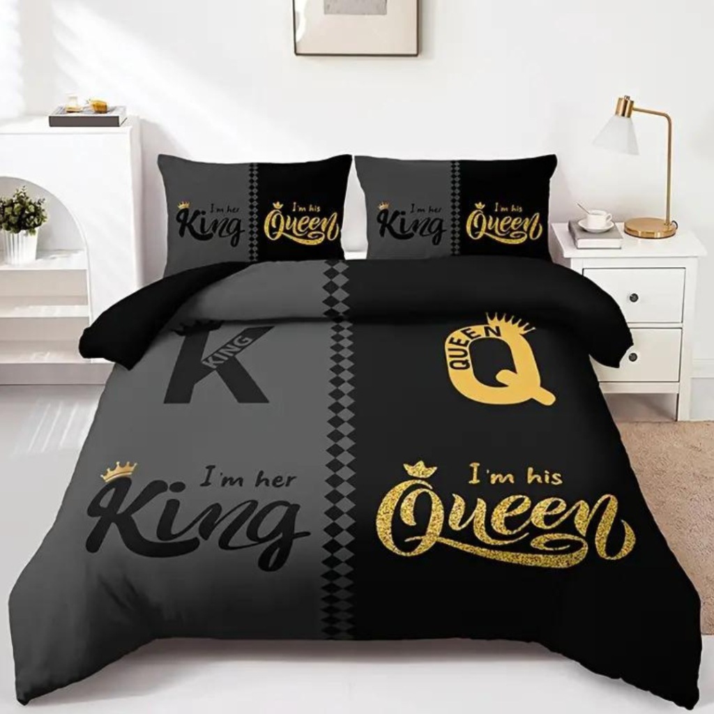 Black Grey Crown Letter Printed Quilt Cover suit HD Printing Suitable for Home Dormitory Decoration Cross-border Exclusive
