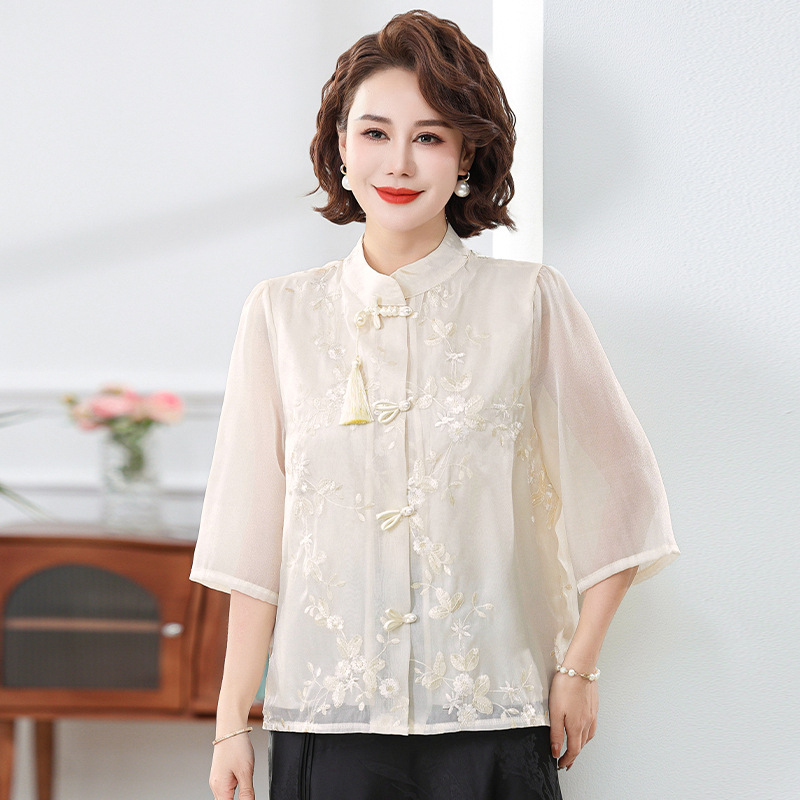 Picture of Mother's Summer Dress New Chinese Style National Style Embroidered Tassel Vertical Collar Mid-Sleeve Chiffon Shirt Thin Middle-Aged Women's Elegant Shirt