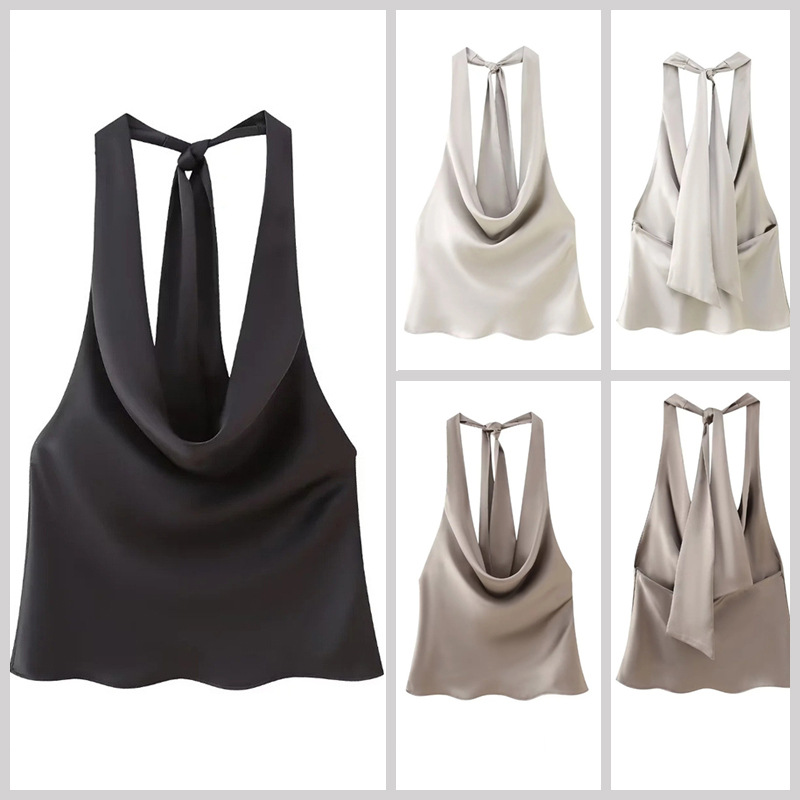 Picture of 2023 American cross-border European and American women's small sling forged satin silky elegant top