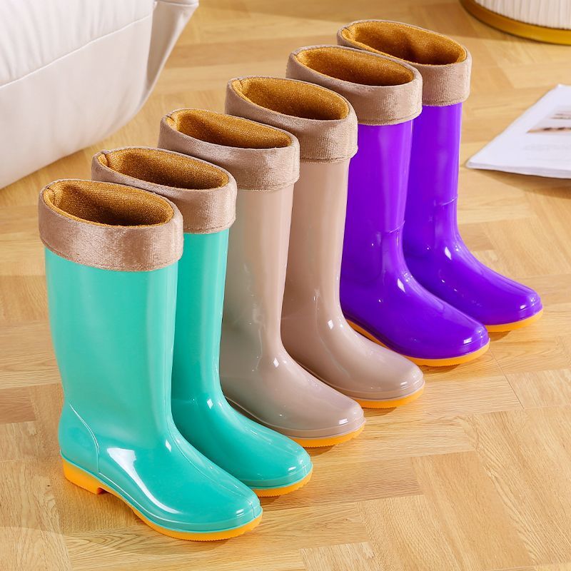 Women's high-top rain boots fashionable outdoor non-slip waterproof thick-soled rubber shoes for adults, long fleece-lined soft-soled rain boots