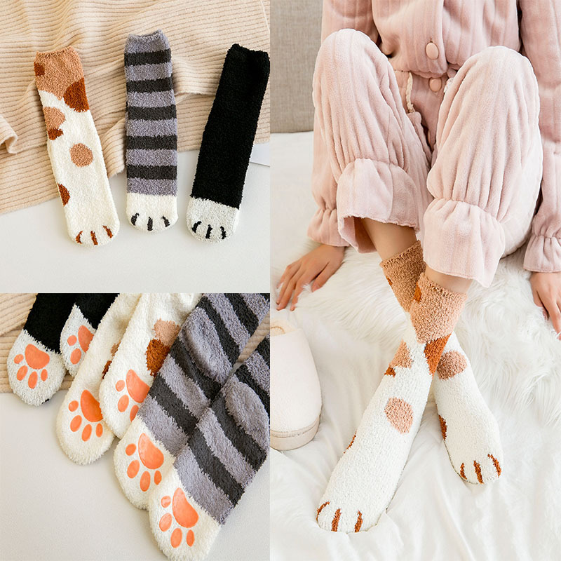 2019 New half velvet cute plush coral fleece non-slip dispensing cat paw adult warm floor socks