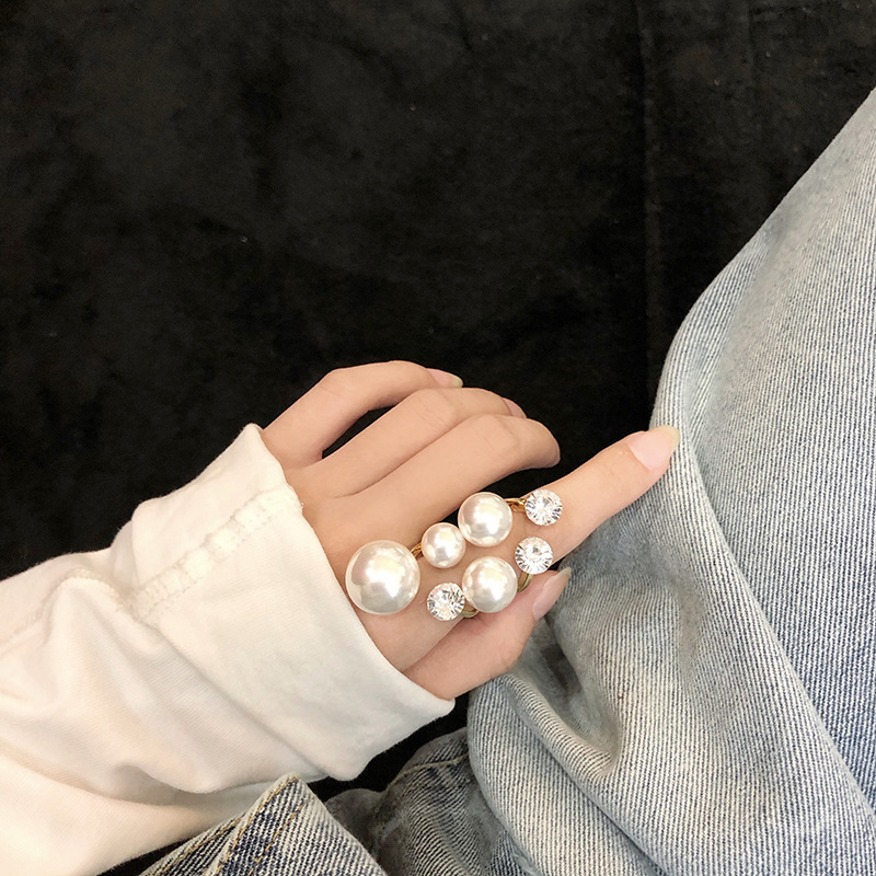Korean Style ins Design Sense Diamond-encrusted Pearl Irregular Opening Ring Finger Ring