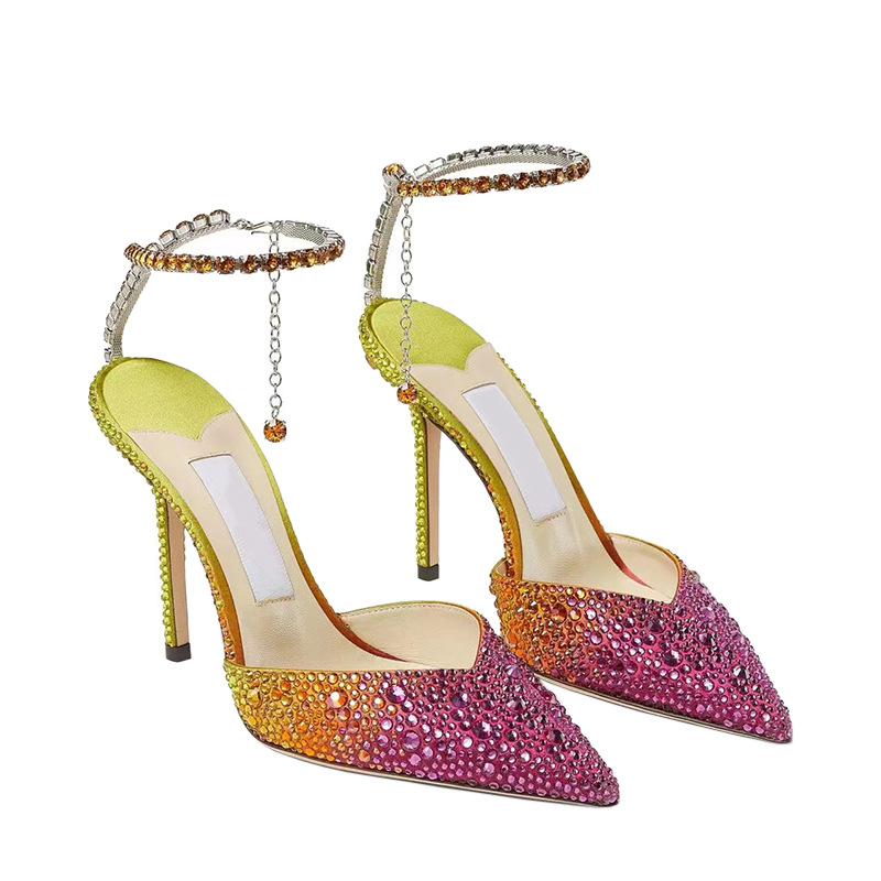 2025 New Early Spring High-End Gradient Color Full Diamond Crystal Shoes Fairy Popular High Heels Rhinestone Sandals Wedding Shoes