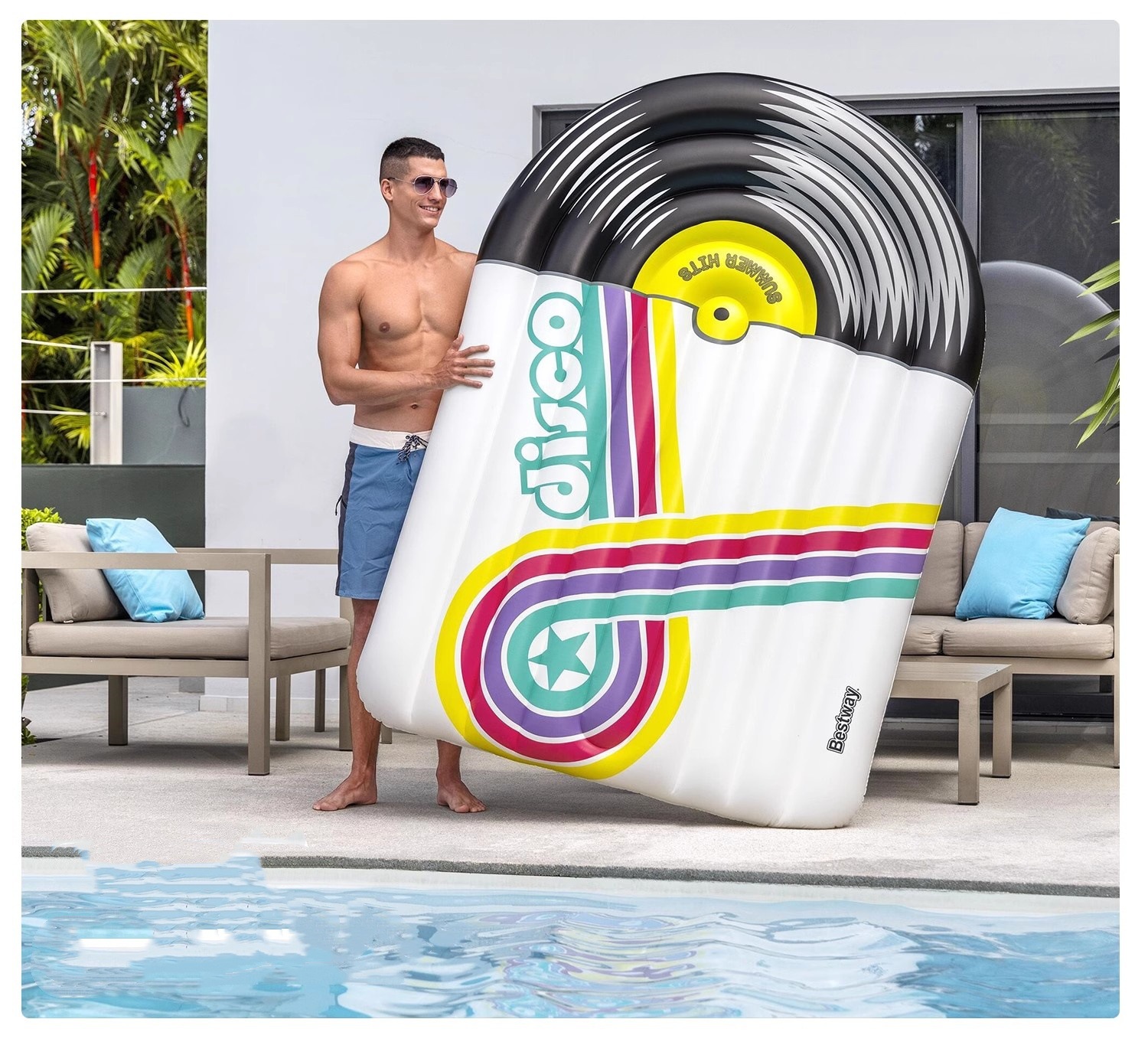 Picture of Water Inflatable Floating Row Floating Bed Queen Adult Pool Leisure Chair Floating Cushion with Backrest and Cup Holder