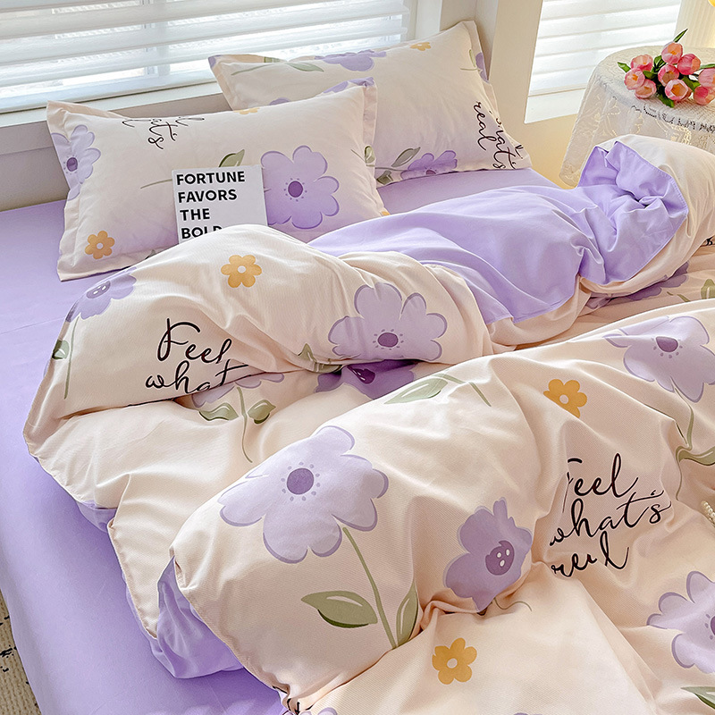 Class A Maternal and Infant Grade Four-Piece Set Small Fresh Thickened Sanding Quilt Cover Washed Cotton Bed Sheet Quilt Cover Dormitory Three-Piece Set ins