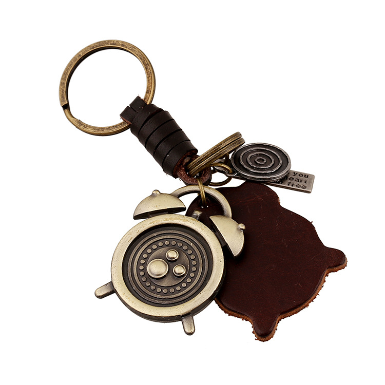 Japanese and Korean punk jewelry atmospheric alloy alarm clock genuine leather keychain vintage woven men's cowhide keychain