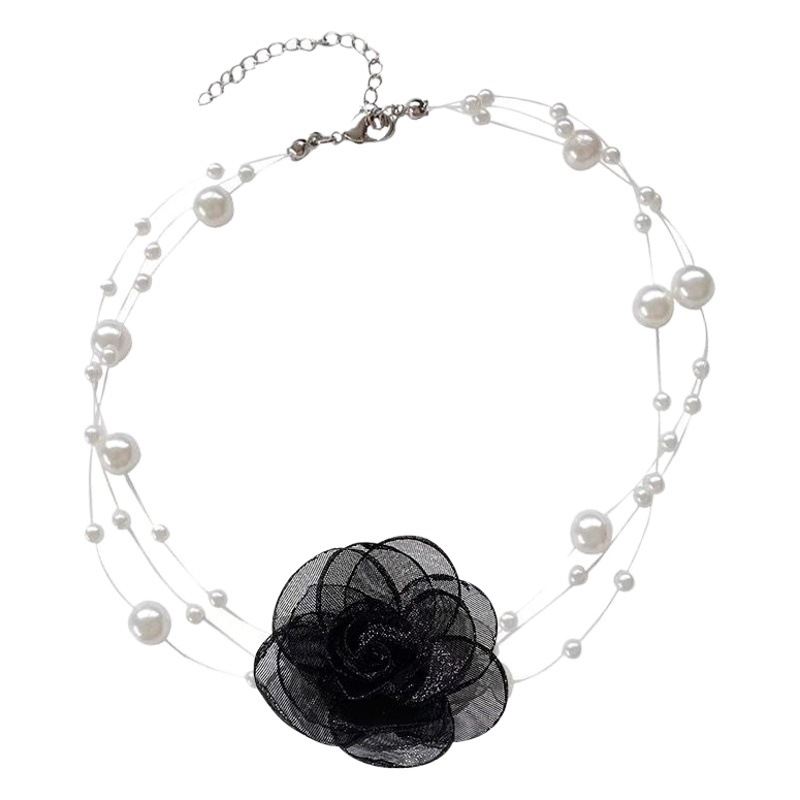 French Romantic Black and White Choker Flower Pearl Necklace Women's Summer Clavicle Chain Fairy Necklace 2025 New Style