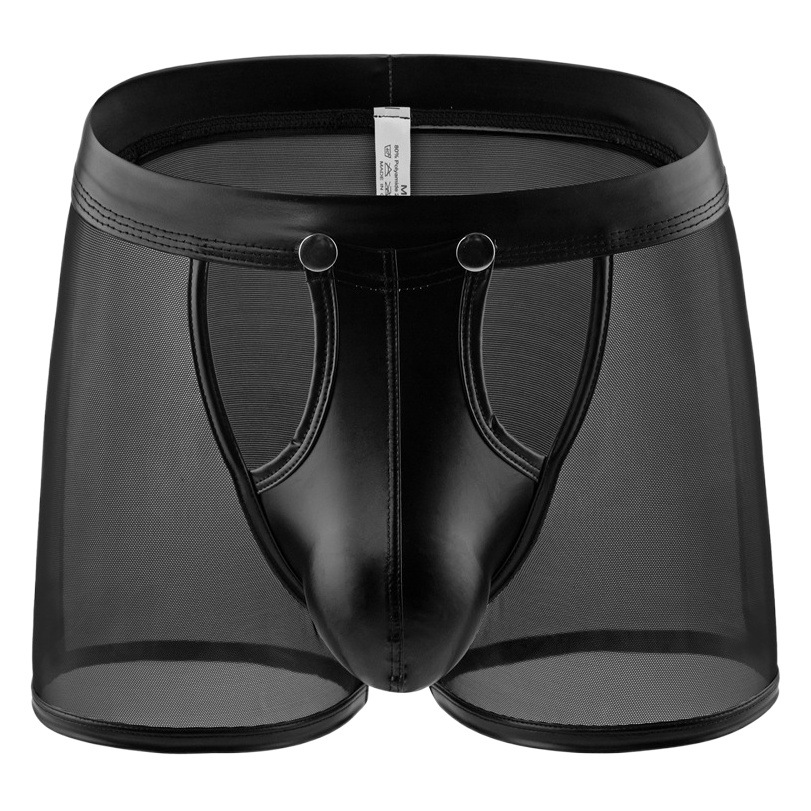 Button men's boxer underwear breathable low waist hollow patent leather mesh new European and American generation hair