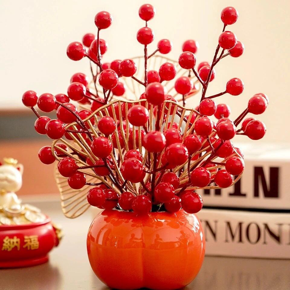 Picture of 2025 New New Year's Eve Bucket Persimmon Ruyi Flower Bucket Simulation Red Fruit Holly Decorative Material Festive Ornaments