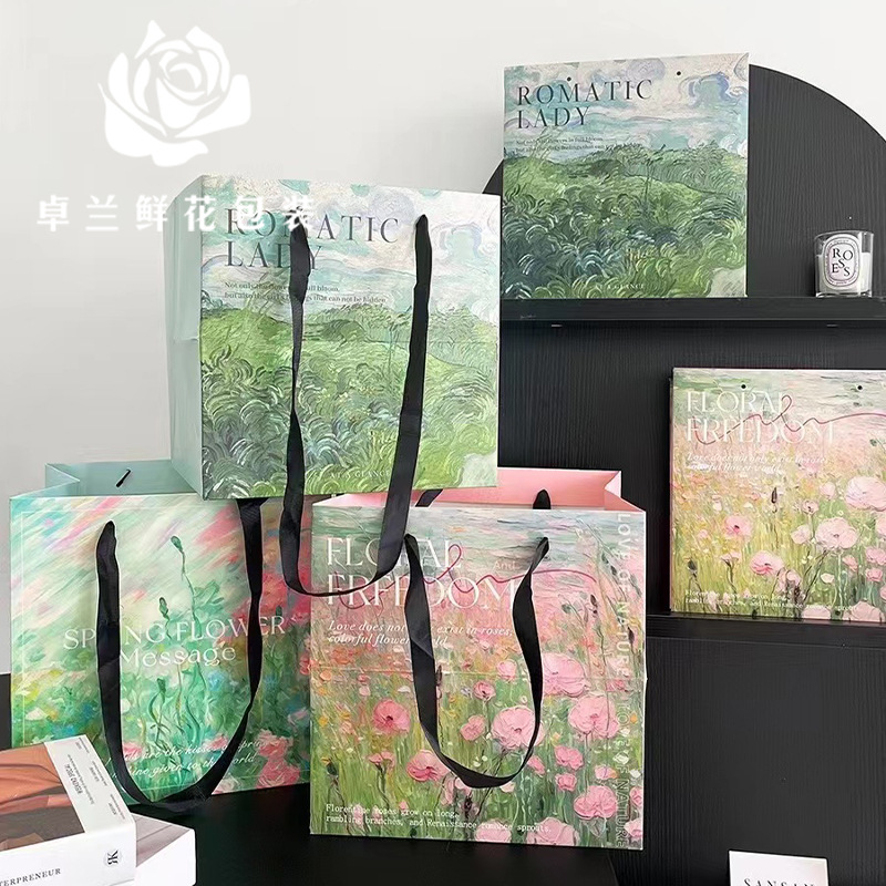 Flower Handbag Oil Painting Style Floral Series Flower Arrangement Gift Gift Satchel Packaging Box Flower Shop Handmade DIY
