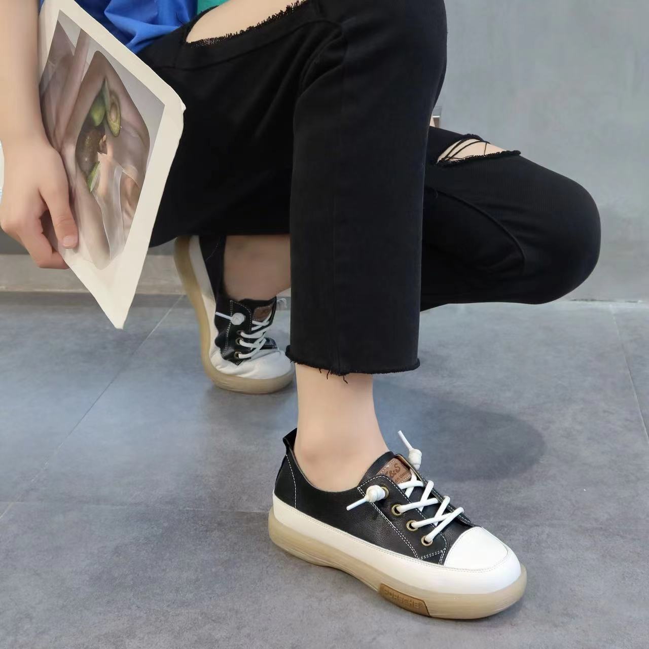 First Layer Cowhide Lace-up Shoes for Pregnant Mothers Women's 2024 Spring, Summer and Autumn New Soft Sole Slip-on Lazy Shoes All-match Casual Shoes