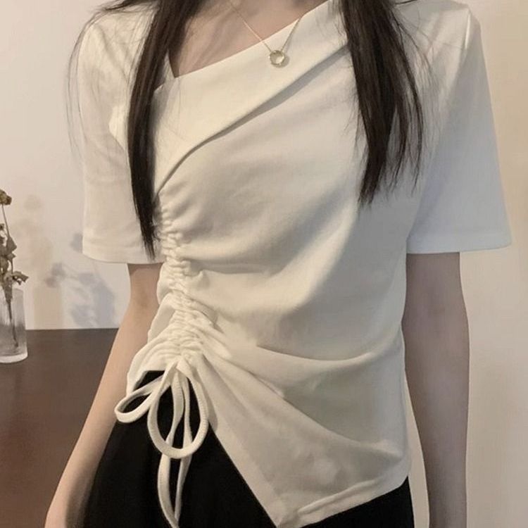 Wasteland style design irregular gal short sleeve T-shirt feeling niche summer drawstring short cross-collar new top