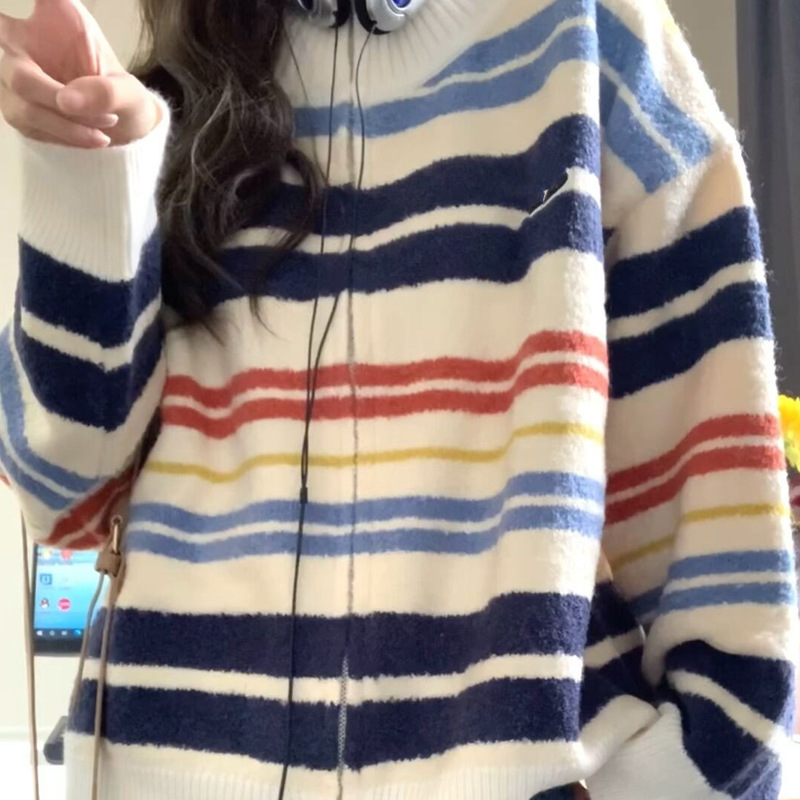 Picture of Rainbow Striped Vintage Double Zipper Cardigan Lapel Loop Sand Spring Age-reducing Design Sense Knitted Sweater for Women
