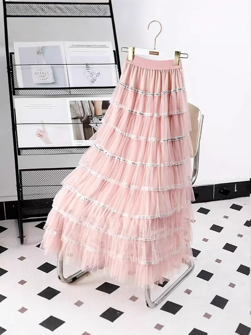 Sweet Sequin Mesh Splicing A-Line Cake Skirt for Women 2025 Spring and Summer New High-Waist Slim Mid-Length Skirt