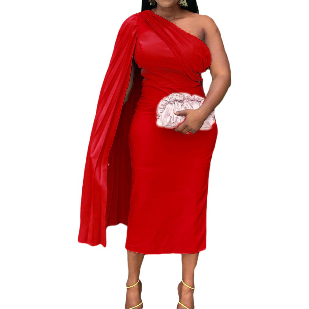 D139T European and American Clothing Autumn Fashion Oblique Shoulder Pure Color Pleated High Waist Tight Dress Skirt African Export Dress