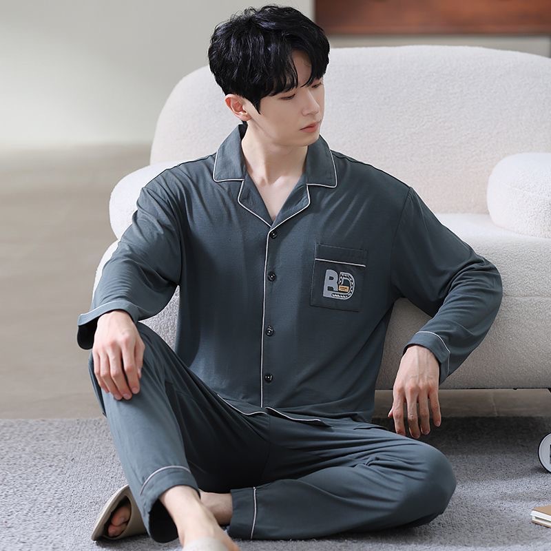 Pure Cotton Men's Pajamas Spring and Autumn Long Sleeve Trousers Loose plus size Men's Outwear Casual Home Clothes Summer