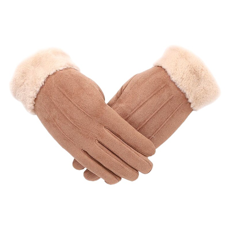 Women's Suede Gloves Winter Warm and Cold-Proof K-Style Fleece-Lined Thickeneded Five-Finger Cycling and Driving Touch Screen Gloves Trendy