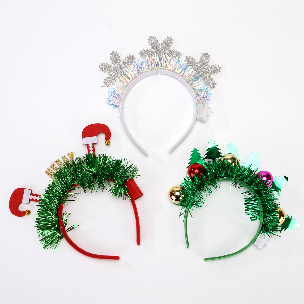 RL569 New Christmas Ball Feather Silk Hairband White Snowflake with Light Hair Accessories Elf Foot Headstand Headband Crafts