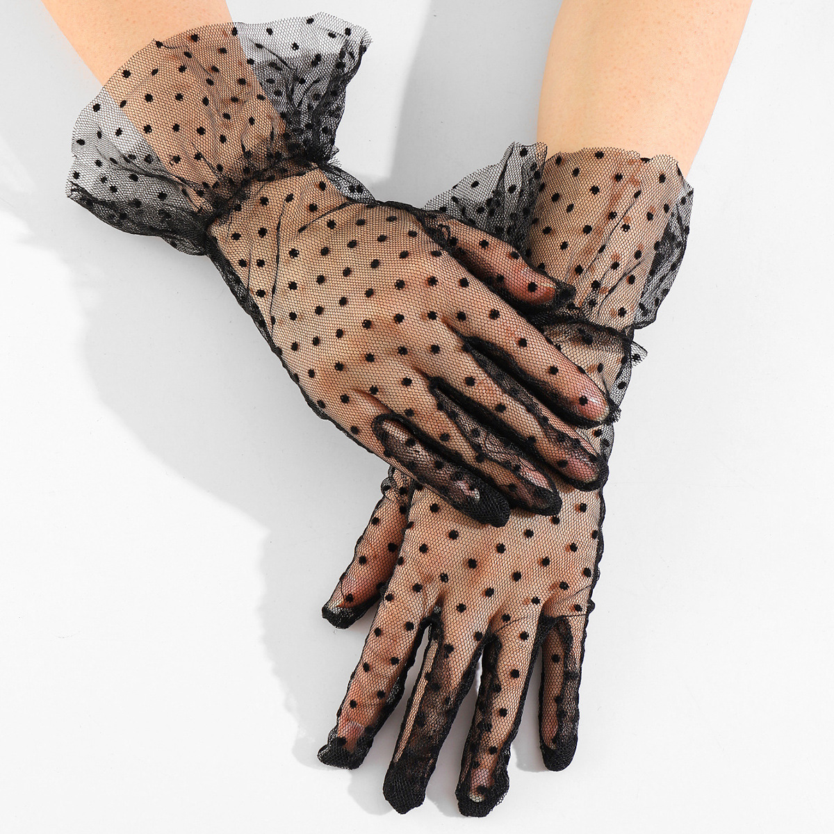 Lace Black Polka Dot Short Lace Gloves Women's Breathable Riding Sun Protection Wedding Bride Wedding Polka Dot Gloves