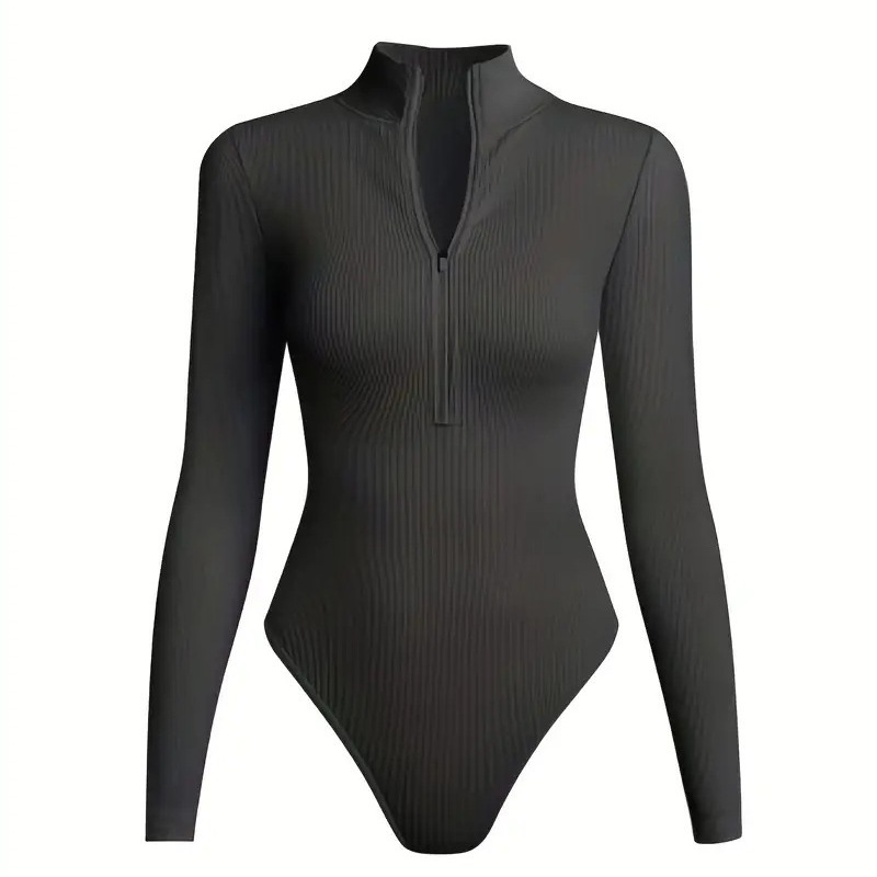 European and American High-strength Zipper One-piece Sexy Triangle Long-sleeved Bodysuit Sports Fitness Seamless Jumpsuit for Women