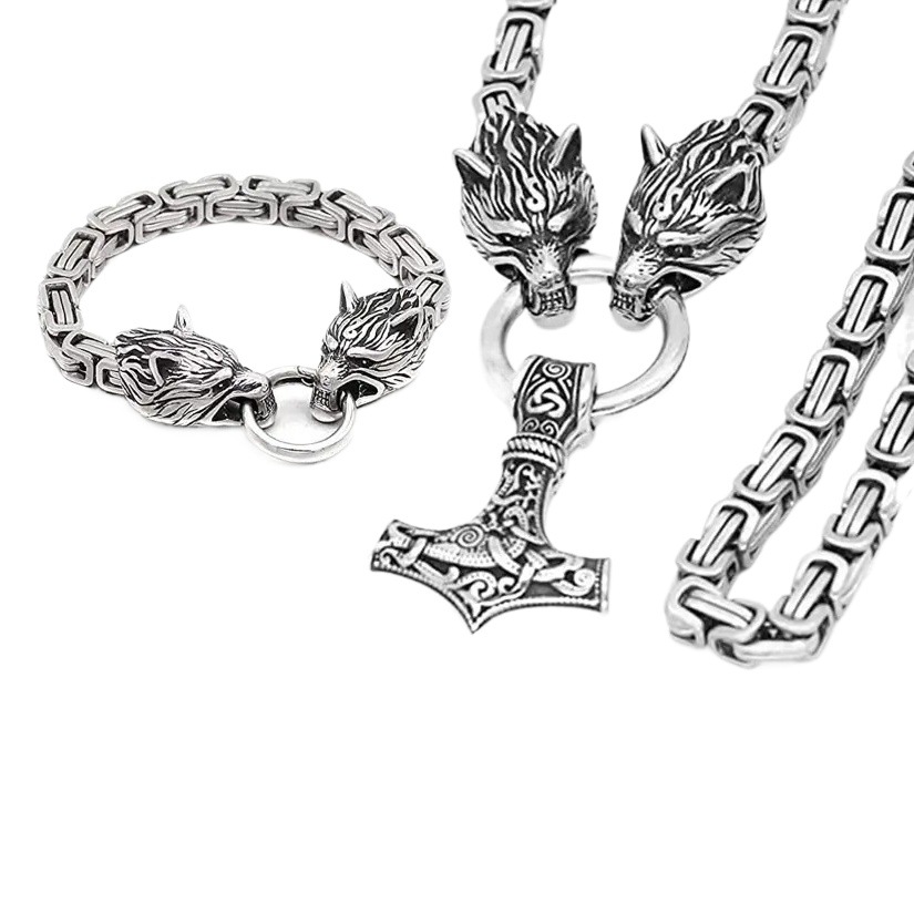 Picture of Foreign Trade Explosions Retro Nordic Viking Rune Hammer Pendant Wolf Head Necklace Bracelet Jewelry suit Stainless Steel Chain