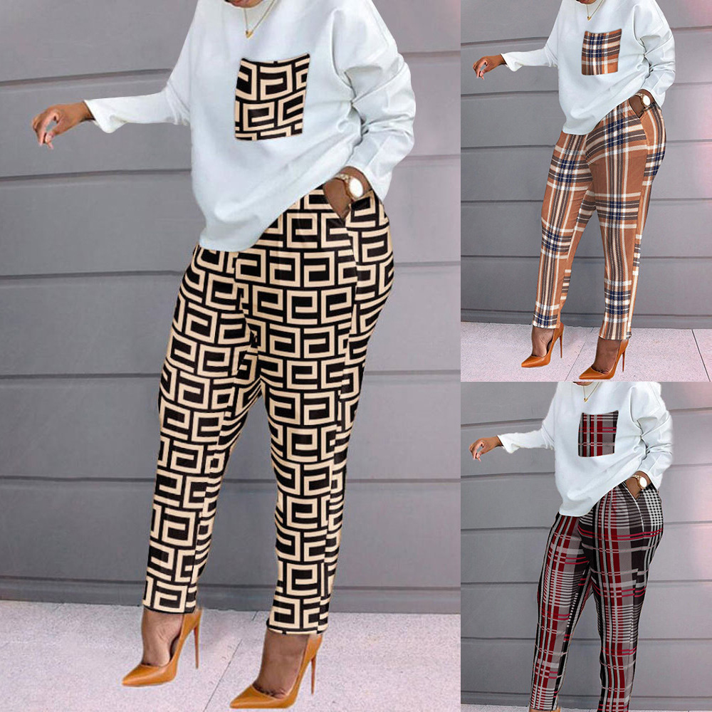 2022 spring European and American style cross-border new Amazon fashion printing long sleeve large size loose women's casual suit