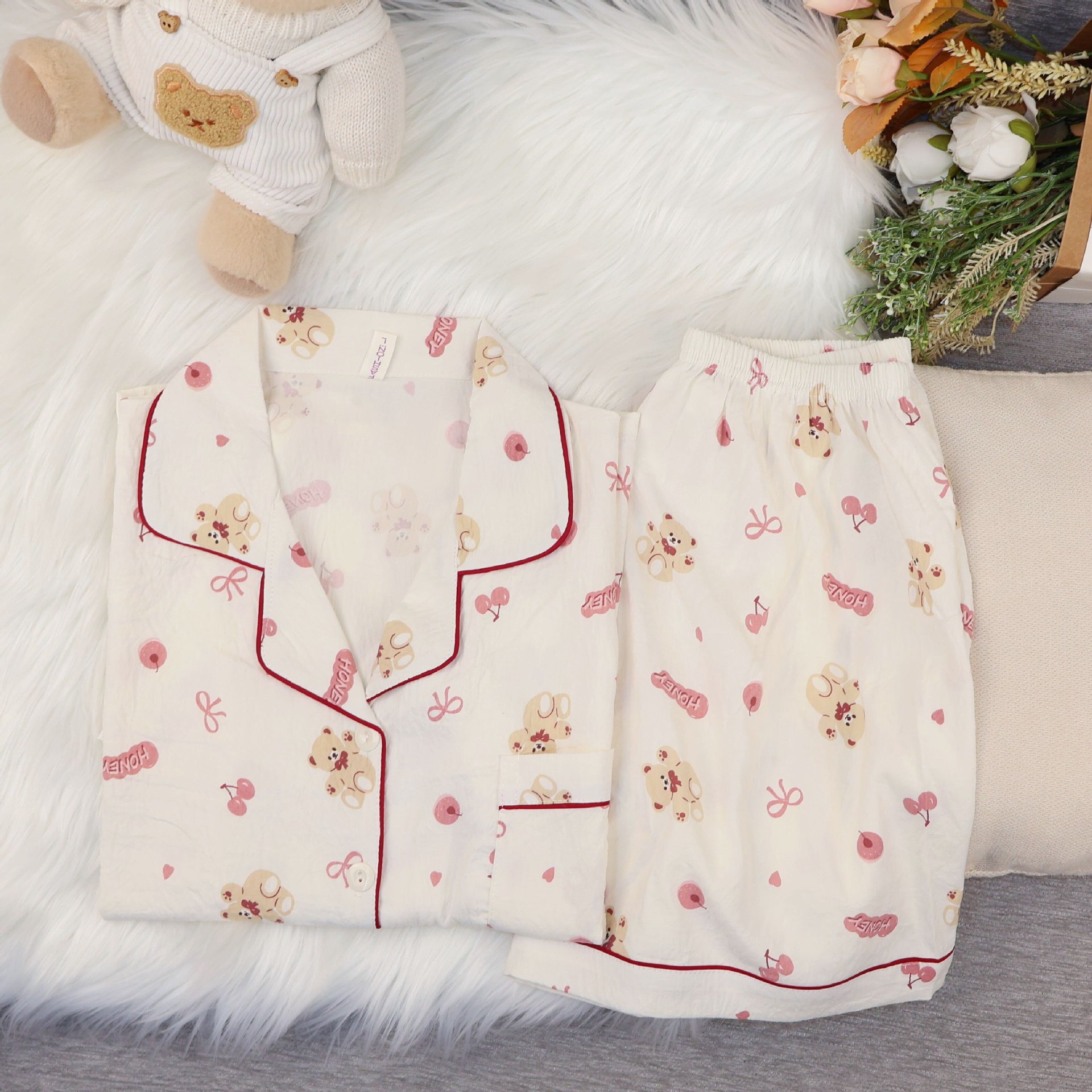 2025 Summer Clouds Cotton Pajamas Sweet Cute Teddy Bear Short Sleeve Shorts Cardigan Lapel Home Clothes suit