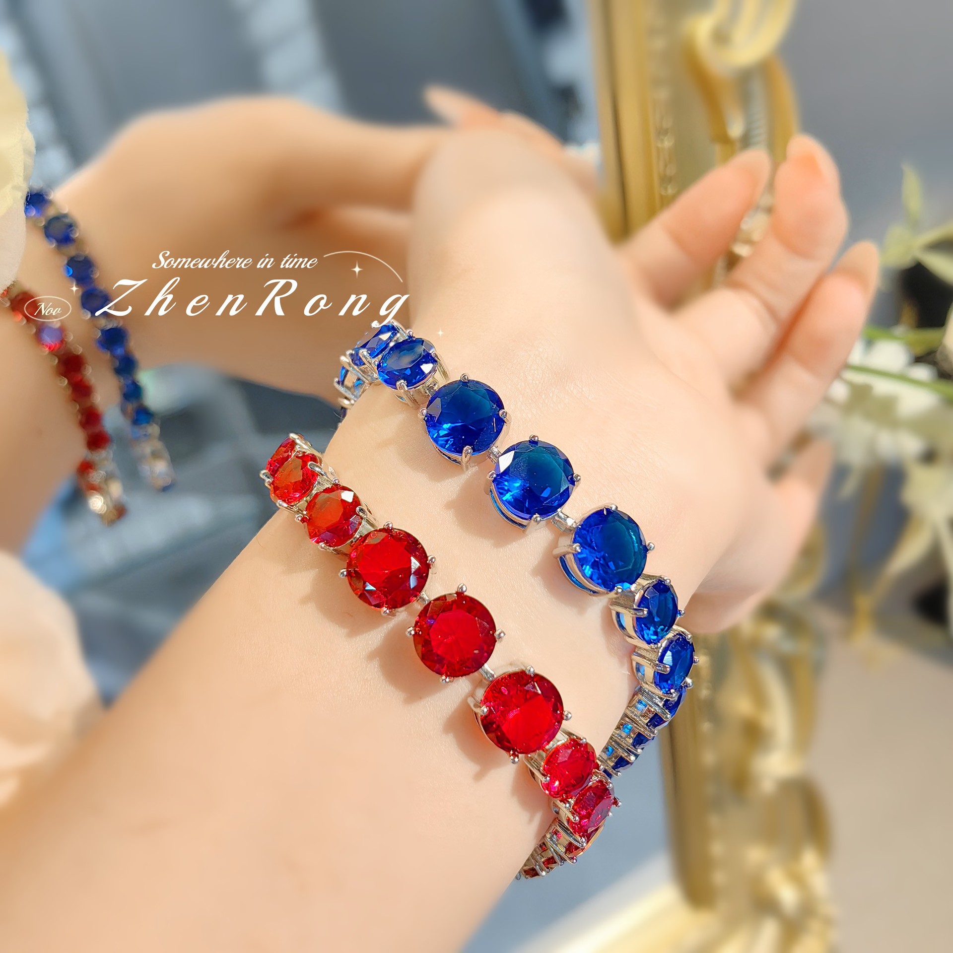 TikTok Live Light Luxury Full Diamond Royal Blue Bracelet Women's European and American Luxury Real Pigeon Red Gem Bracelet Wholesale