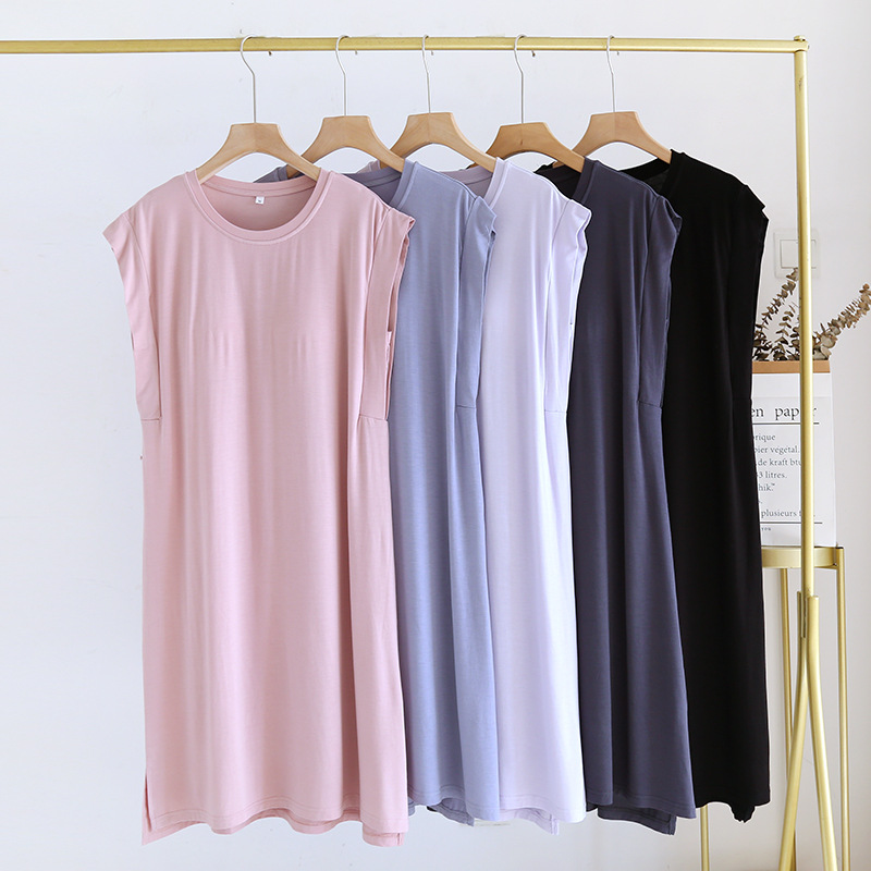 Women's summer thin modal sleeveless nightdress with chest pad solid color mid-length homewear