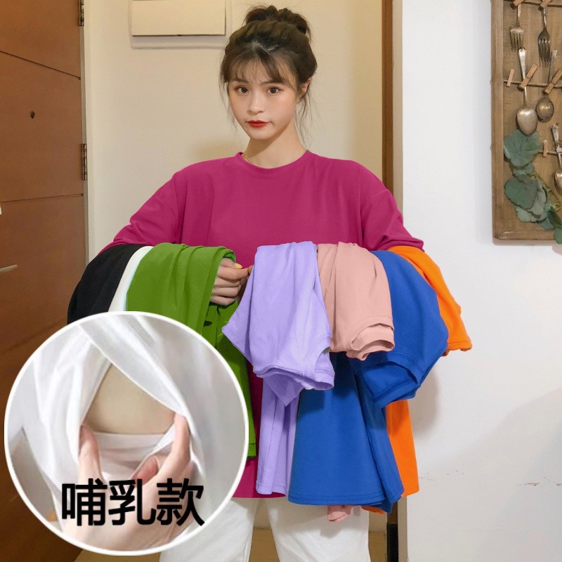 Maternity's Breastfeeding T-shirt Summer Short-sleeved Mid-length 2023 New Loose Large Size Breastfeeding Dress