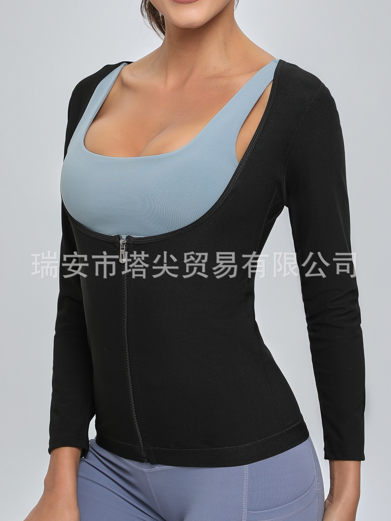 Picture of Body shaping clothes top long short sleeve thin arm zipper belly contracting stomach contracting back girdling running yoga fitness sweat