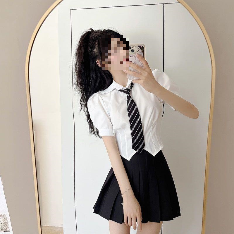 Picture of Summer New Tie Set Women's College Style Bubble Short-sleeved Top Slim Waist Shirt Women's Hot Short Shirt