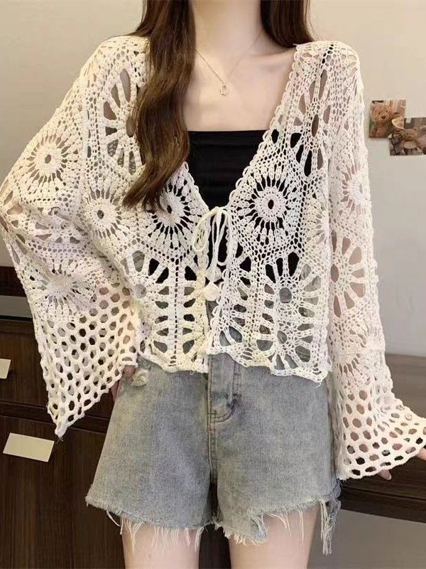 Spring and Summer Hook Pattern Cut Out Lace Knitted Cardigan Women's New Seaside Resort Style Long-Sleeved Short Sun Protection Blouse Top
