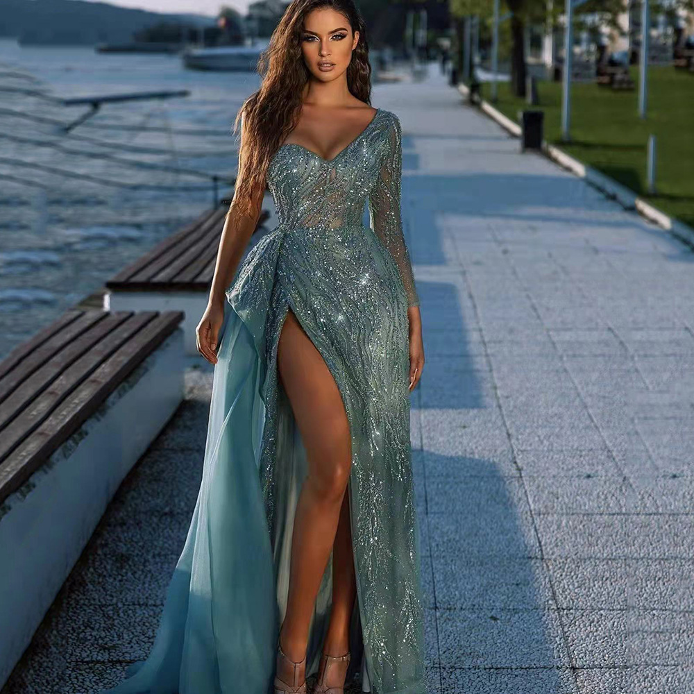 2025 Cross-Border Spring and Summer New European and American Clothing Banquet Evening Dress Sequined Slit Host Party Dress