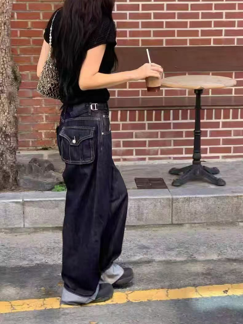 Fansi Yu 2025 Autumn New Denim Blue Adjustable Button Work Pants Lazy Loose Wide-Leg Rolled Edge Jeans for Women