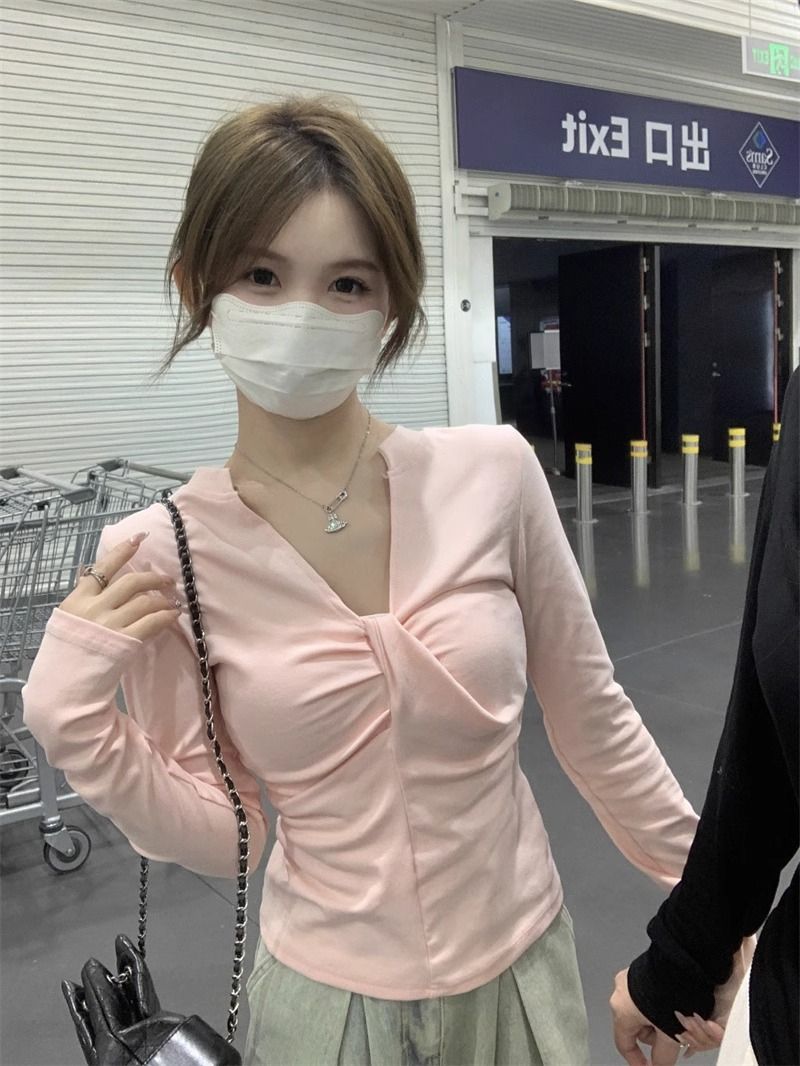 Pure Long Sleeve Black T-shirt 2024 Autumn and Winter New Slim-fit Slimming Short Women's Base Shirt Inner Top Trendy
