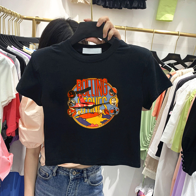 Black Short-sleeved T-shirt Women's Ins Women's Summer 2023 New Korean-style High-waist Exhibided Short Top for Students Trendy