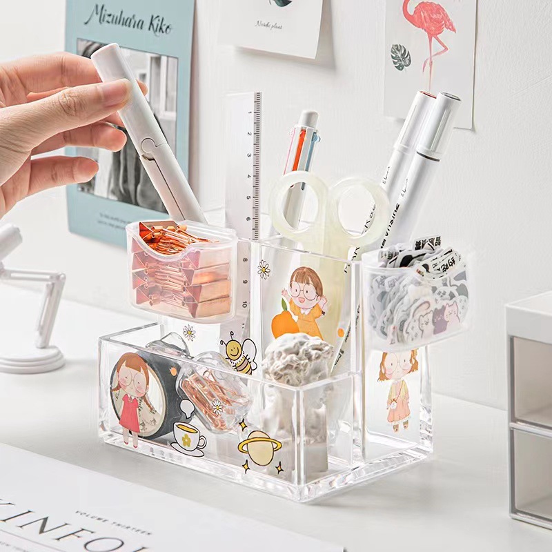 Acrylic transparent three-grid pen holder student desktop storage box ins style desk transformation simple wholesale pen holder pendulum