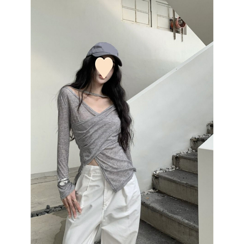 Picture of Designed Asymmetrical Cross V-Neck Long-Sleeved T-Shirt for Women in Spring & Fall Thin Unique Slim-Fitting Sexy Waist Slimming Look Top