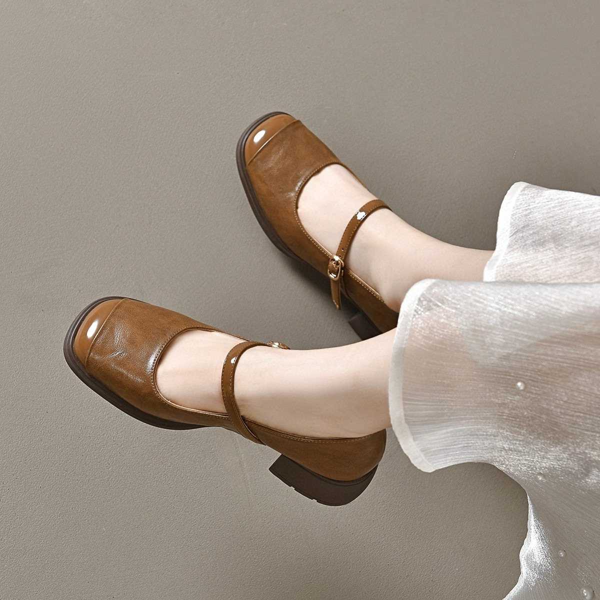 Square Toe Mary Jane Shoes Women's 2024 Spring and Summer New Korean Style One-Shallow Shoes with Mid-Heel Shoes Mori Women's High Heels