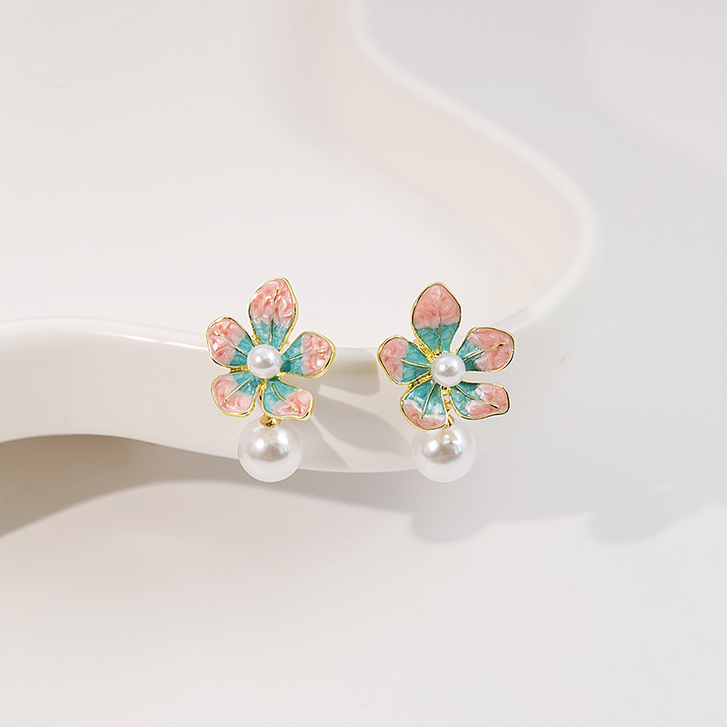 Japanese and Korean Style Sweet Oil Drop Flower Pearl Earrings Cute Temperament Girly Style Earrings Enamel Pink Blue Petal Earrings