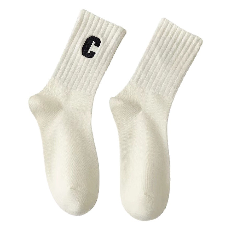 Socks for Women with Mid-Calf Vertical Pattern, Slimming Look Ins, Versatile, High-Looking, Forest-Style Campus C Letter Autumn and Winter Trendy Socks