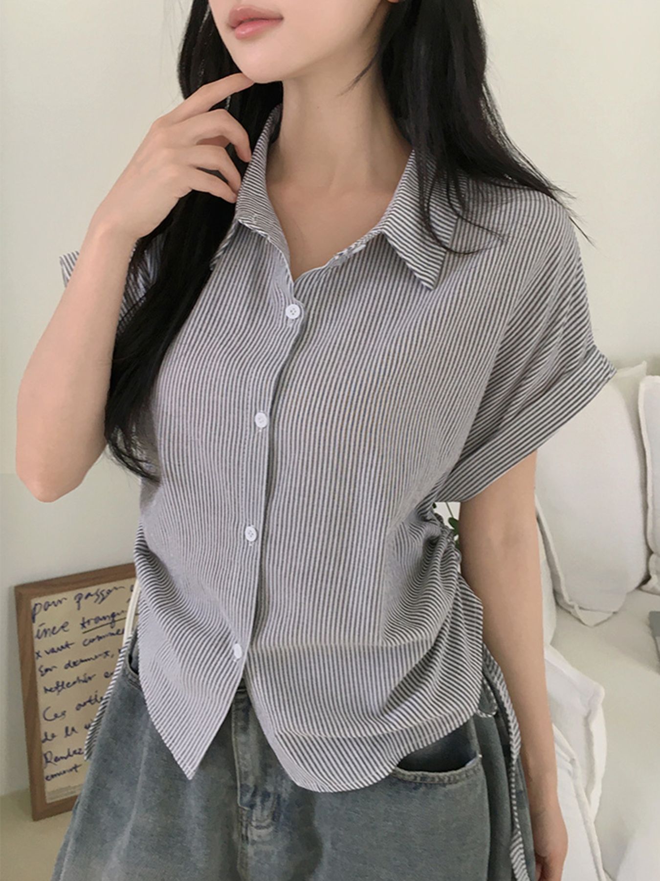 Picture of Chic French Plaid Drawstring Shirt for Women - Slim Fit Waist, Casual Short Sleeve Shirt with Collar