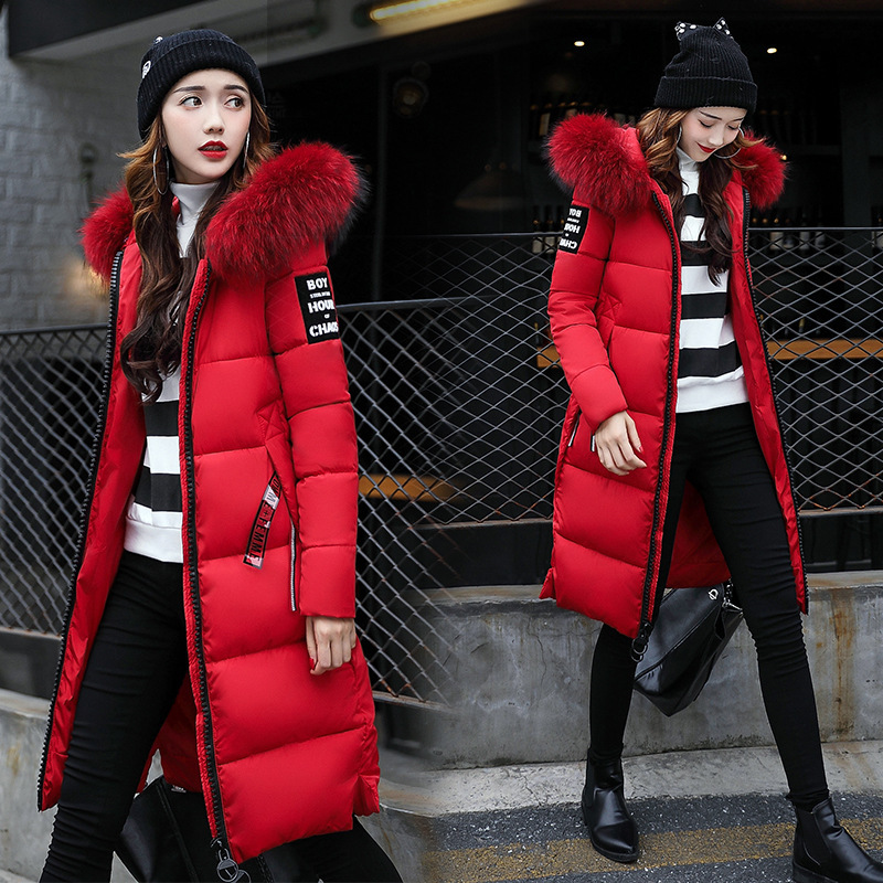 Women's Mid-length Cotton-padded Coat Winter New Korean Style Slim-fit Slimming plus size Cotton-padded Coat with Big Wool Collar Over-knee Cotton-padded Coat